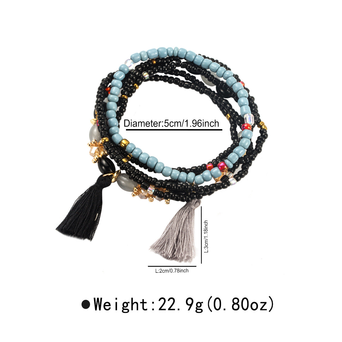 Bracciale con nappine in stile etnico con base in lega e perline fatte a mano da donna