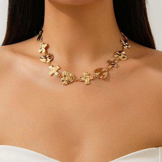 Fashionable Heart Cross Geometric Alloy Plated Necklace for Women