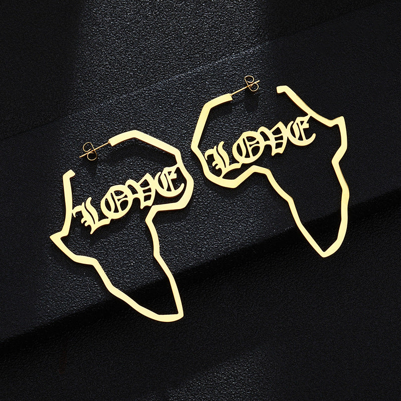 Orecchini a Mappa dell'Africa con Amore Geometrico, in Acciaio Inossidabile Dorato, per Donne, alla Moda, Casual
