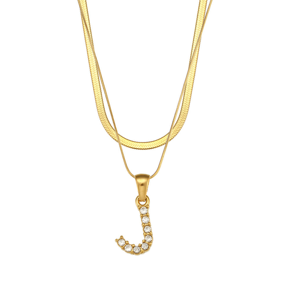 Fashionable Minimalist Letter Pendant Necklace in Stainless Steel with 18K Gold Plating and Cubic Zirconia on Double Snake Chain for Women