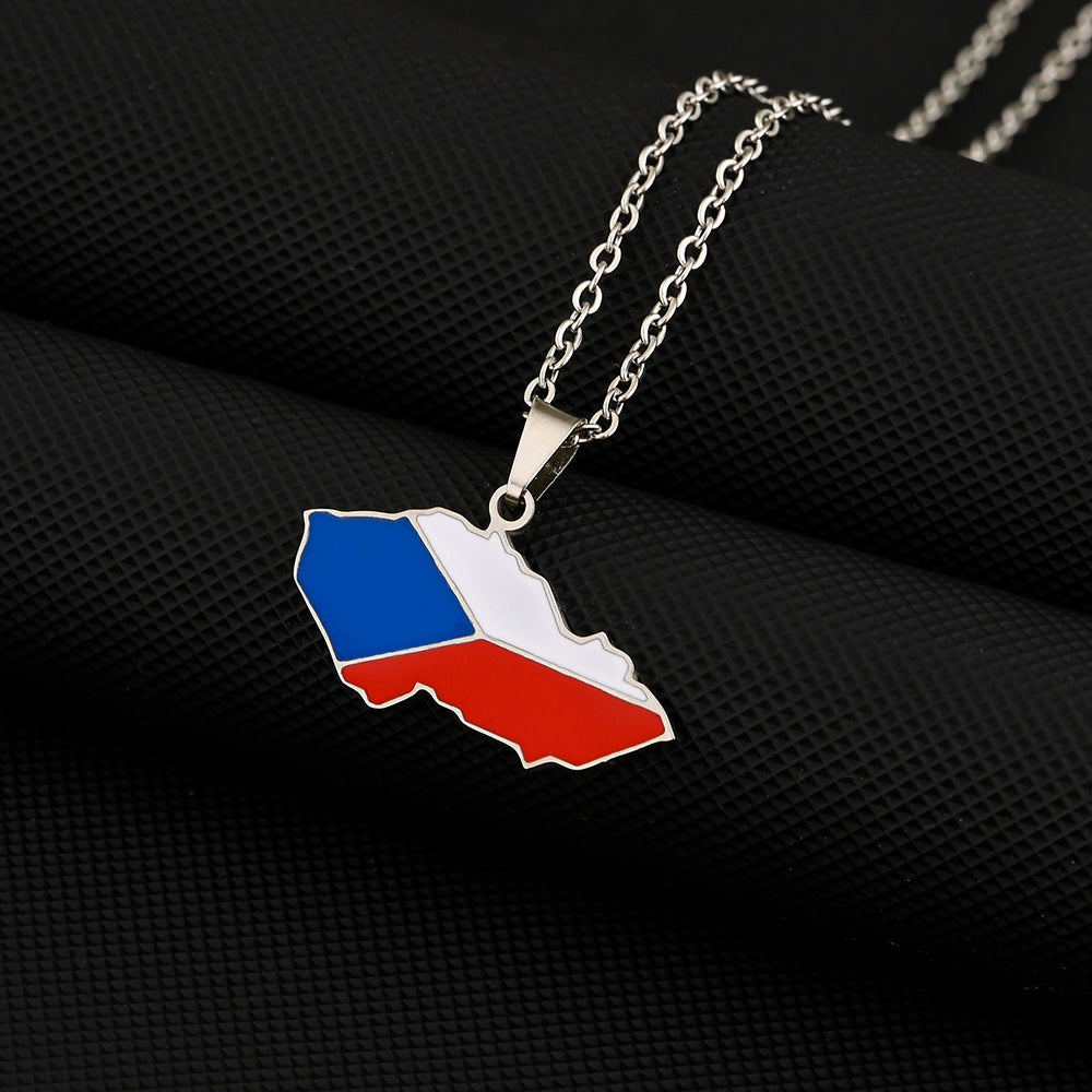 Collana con Ciondolo Vintage Smaltato con Bandiera della Mappa Ceca in Acciaio al Titanio e Catena a O per Unisex