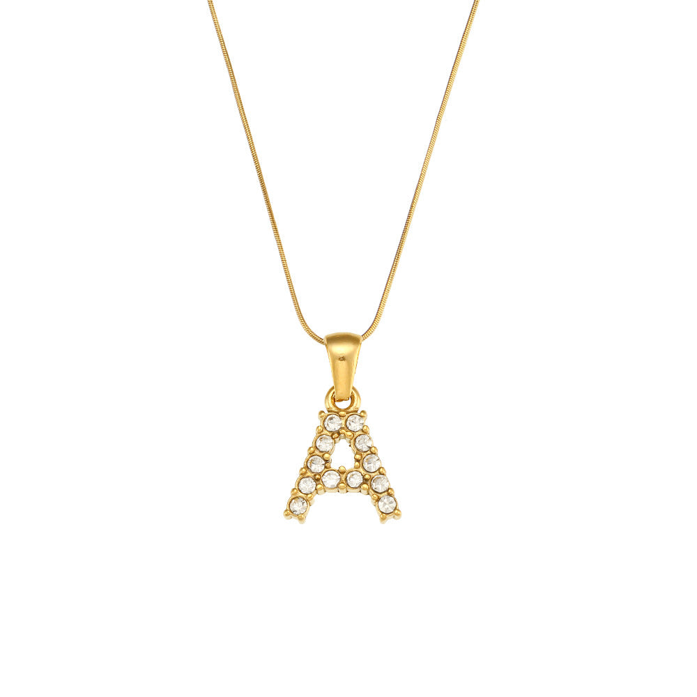Fashion Minimalist Letter Pendant Necklace in Stainless Steel with 18K Gold Plating and Cubic Zirconia on Thin Snake Chain for Women