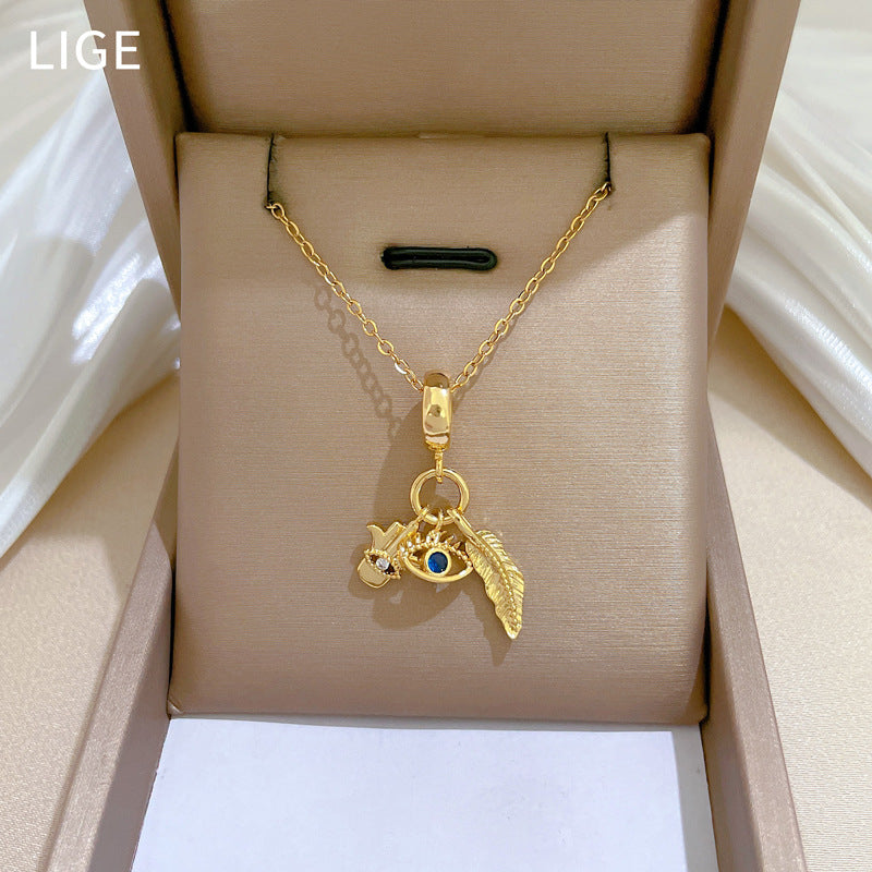 Collana con ciondolo di lusso Sweet Leaf Evil Eye con strass in acciaio inossidabile con catena a collare in rame