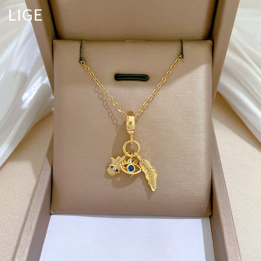 Luxury Sweet Leaf Evil Eye Rhinestone Pendant Necklace in Stainless Steel with Copper Pendant Collar Chain