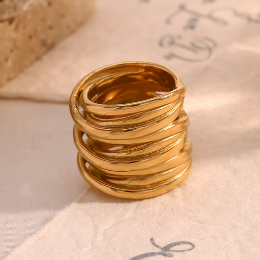 Anello a Fascia Multi-Strato da Donna Ispirazione Vintage, Placcato Oro 18K, in Acciaio Inossidabile, Geometrico Minimalista