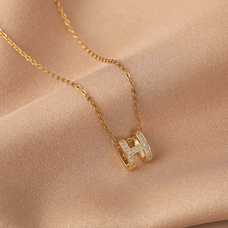 Minimalist Letter H Titanium Steel Necklace with Rhinestone Plated Pendant for Unisex