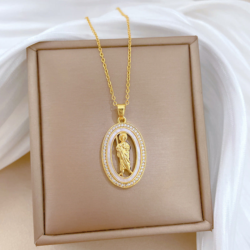 Sweet Oval Geometric Cartoon Portrait Shell Rhinestone Pendant Titanium Steel Necklace for Unisex