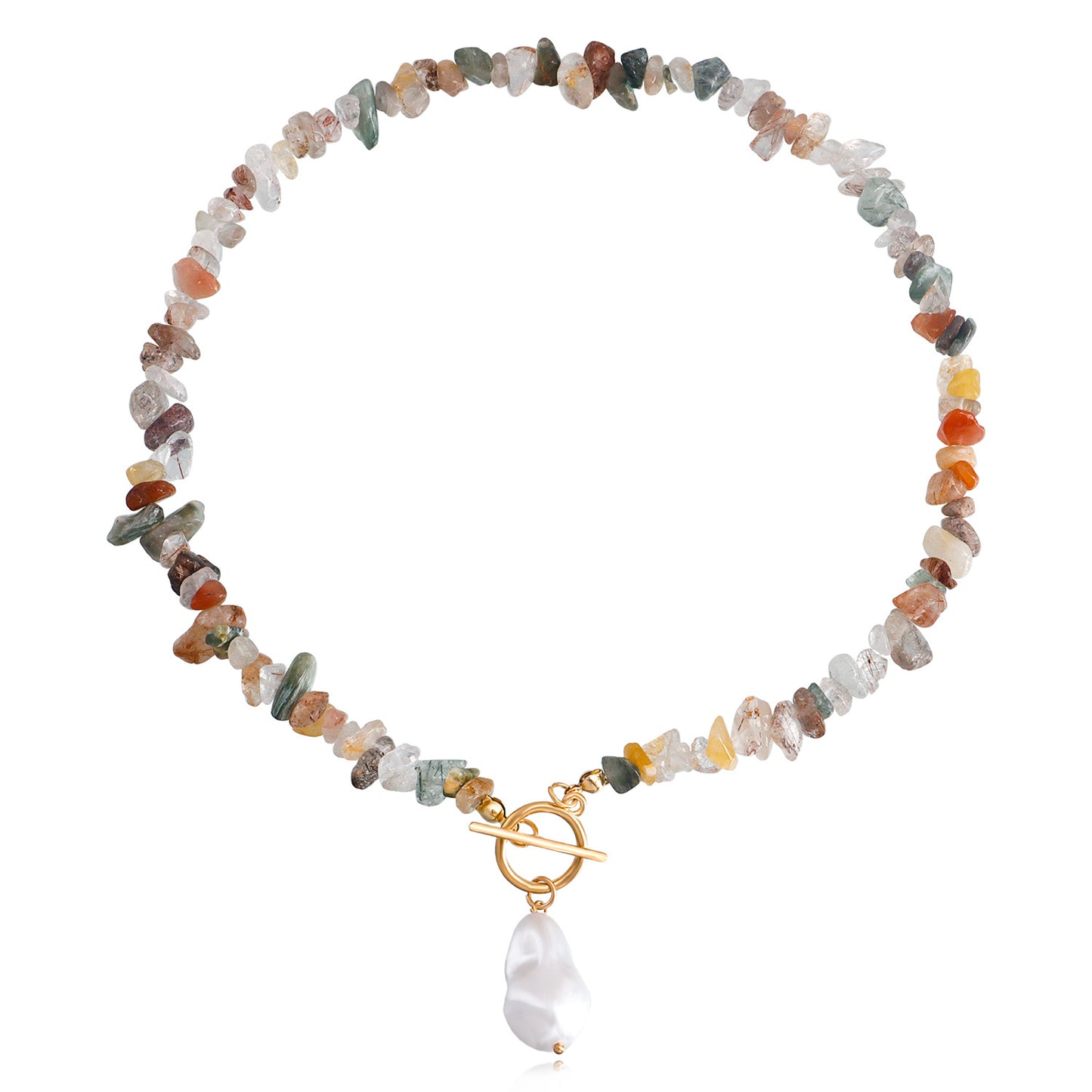Minimalist Geometric Alloy Necklace with Mother-of-Pearl Pendant and Turquoise Accents, Electroplated Finish