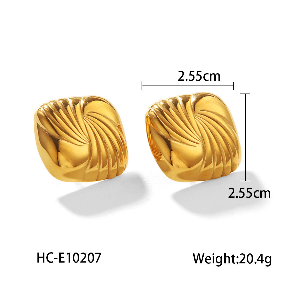 Geometric Square Titanium Steel Earrings with 18K Gold Plating and Wavy Texture for Women