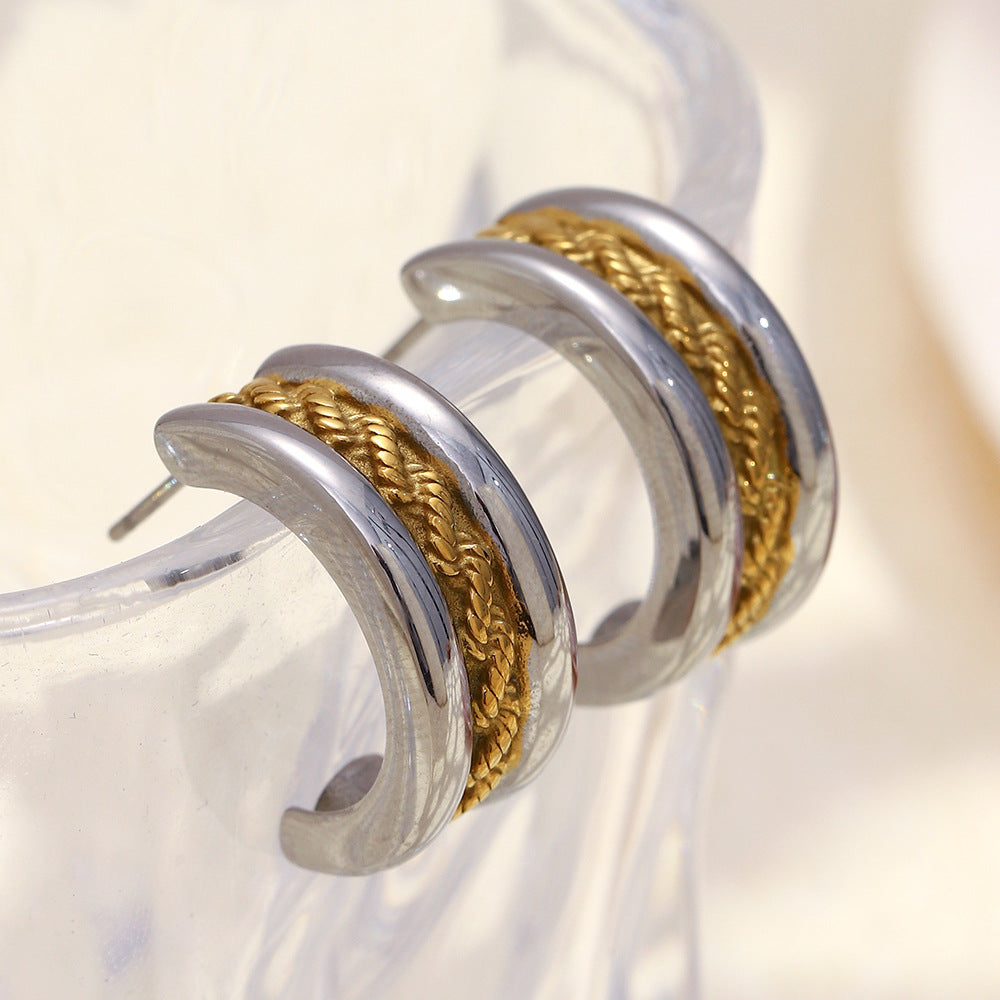 Elegant Luxury-Style Geometric C-Shaped Twisted Hoop Earrings for Women in Stainless Steel with 18K Gold Plating