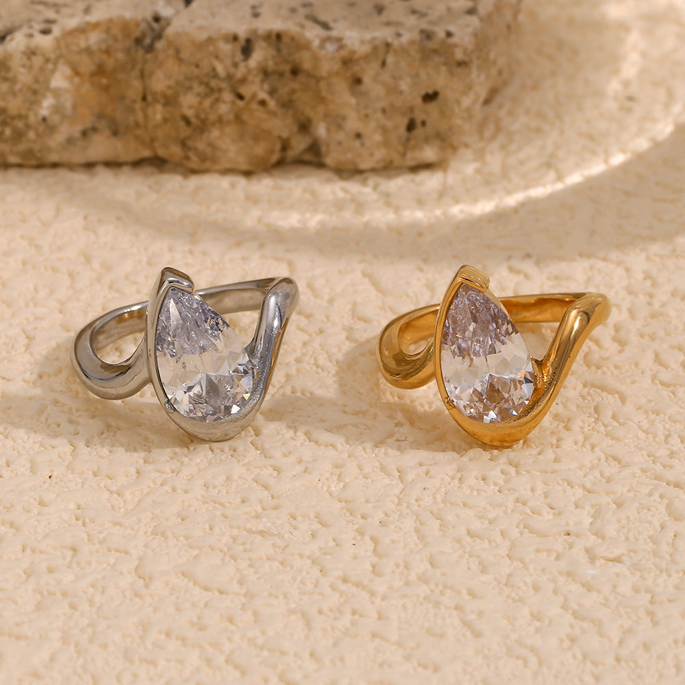 Fashion Elegant Geometric Teardrop Gold Plated Stainless Steel Ring with Rhinestone for Women