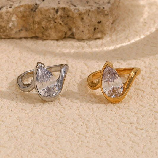 Fashion Elegant Geometric Teardrop Gold Plated Stainless Steel Ring with Rhinestone for Women