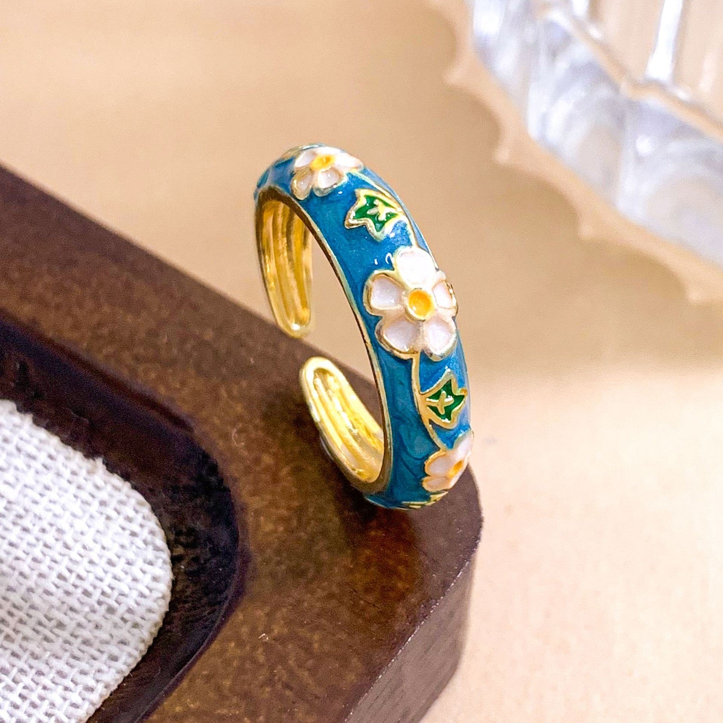 Vintage Sweet Enamel Floral Gold Plated Brass Ring for Women