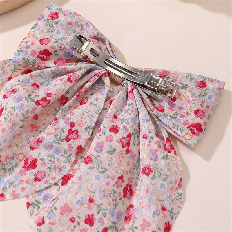 Natural Style Double-Layer Bow Hair Clip with Floral Print Satin Ribbon and Spring Clamp for Girls