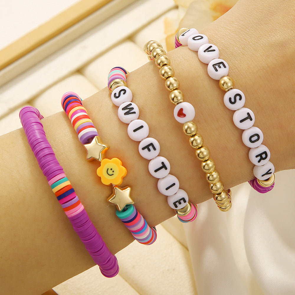 Handmade Letter Resin Brass Acrylic Bracelet Set with Sun and Smiley Charms