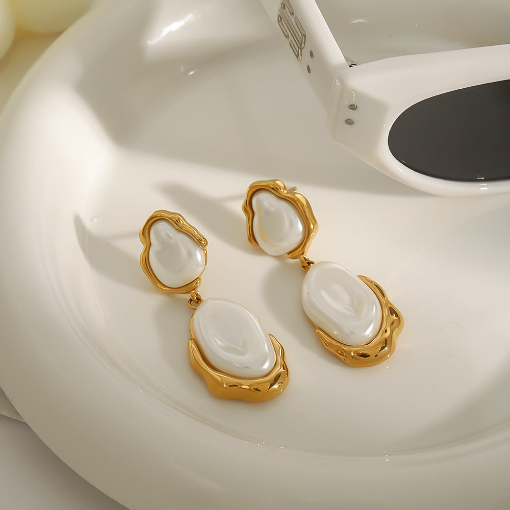 Elegant Geometric Pearl Inlay Plated Stainless Steel Earrings for Women