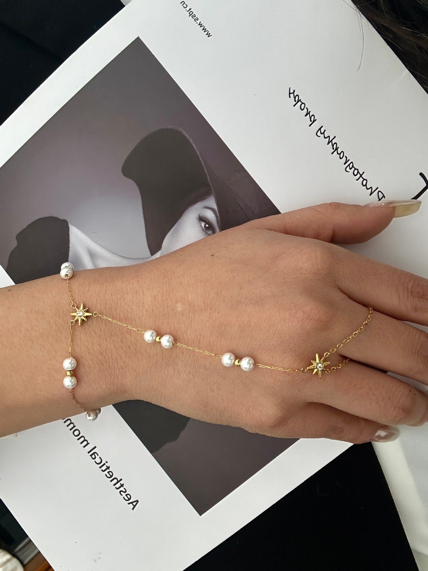 Elegante Bracciale a Maglie con Perle e Stella in Acciaio Inossidabile Placcato da Donna