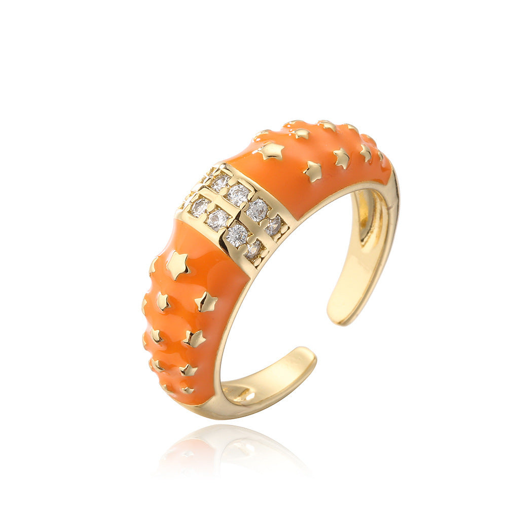 Anello Aperto Geometrico Stile Bohemien in Rame con Placcatura in Oro 18K e Zirconia Smaltata Colorata