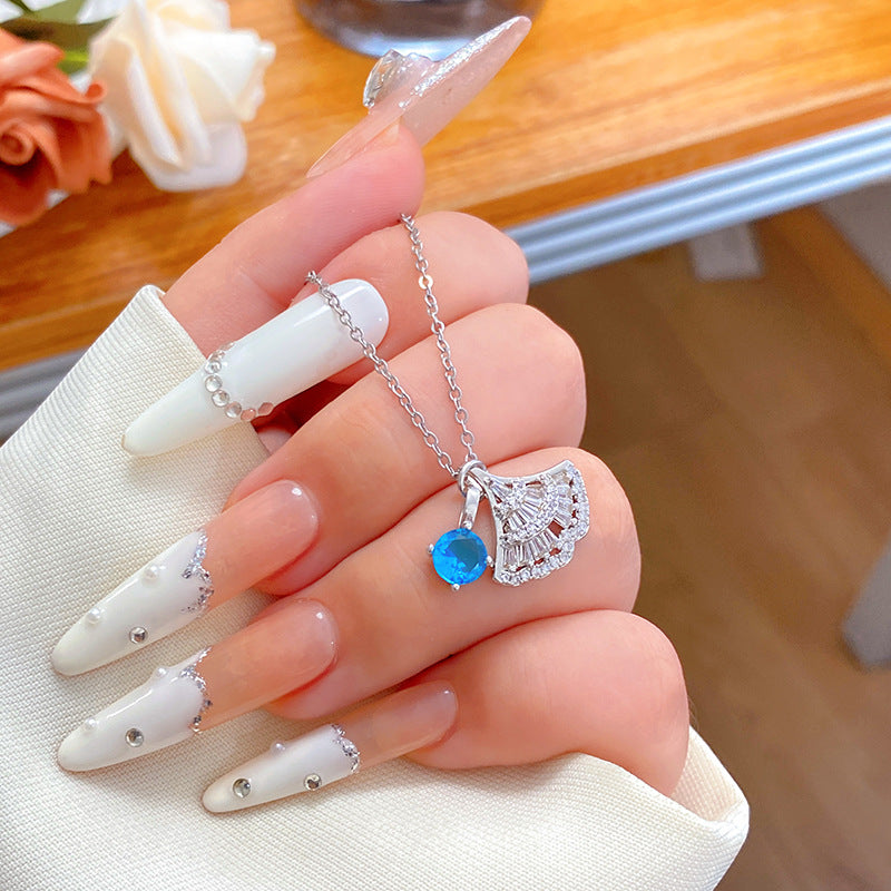 Minimalist Sweet Blue Cubic Zirconia Paved Dolphin Pendant Titanium Steel Plated Necklace for Unisex