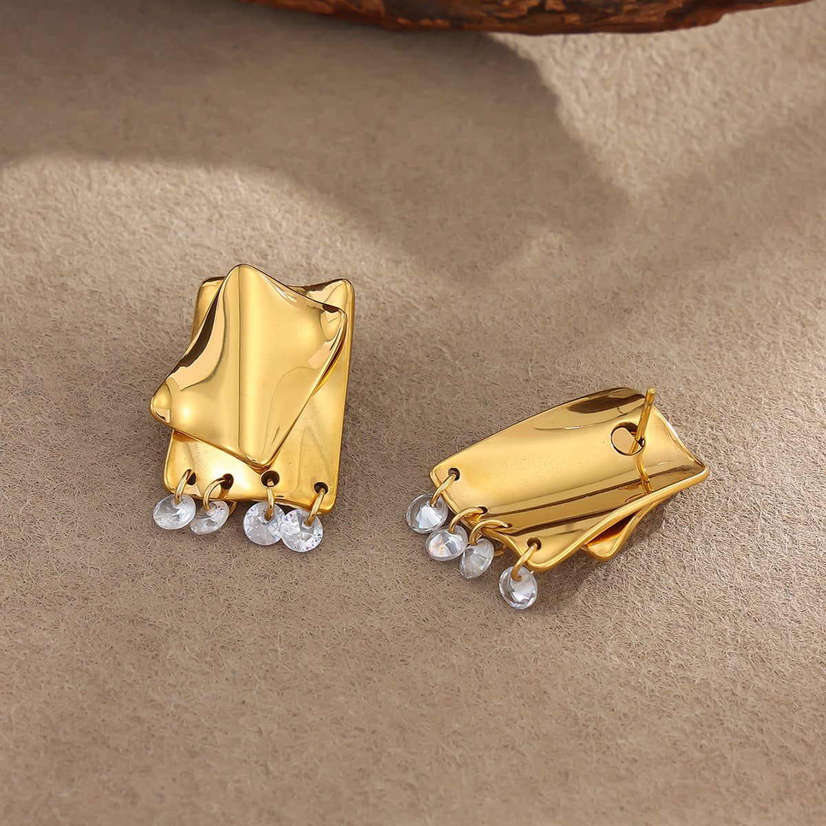 Luxury Elegant Square Geometric Stainless Steel PVD Plated Rhinestone Tassel Earrings for Women