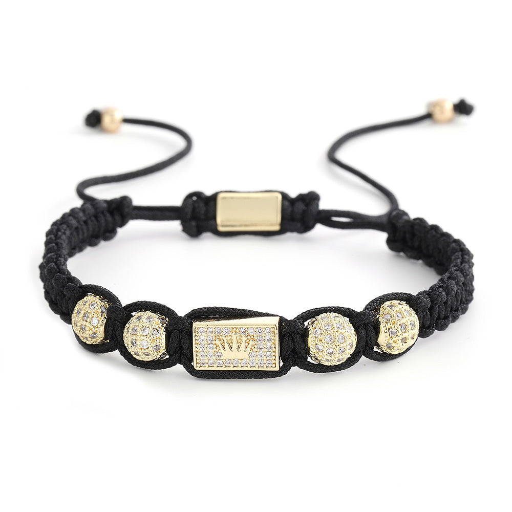 Personalized Gold Plated Brass Crown Inlaid Cubic Zirconia Braided Bracelet for Men and Women