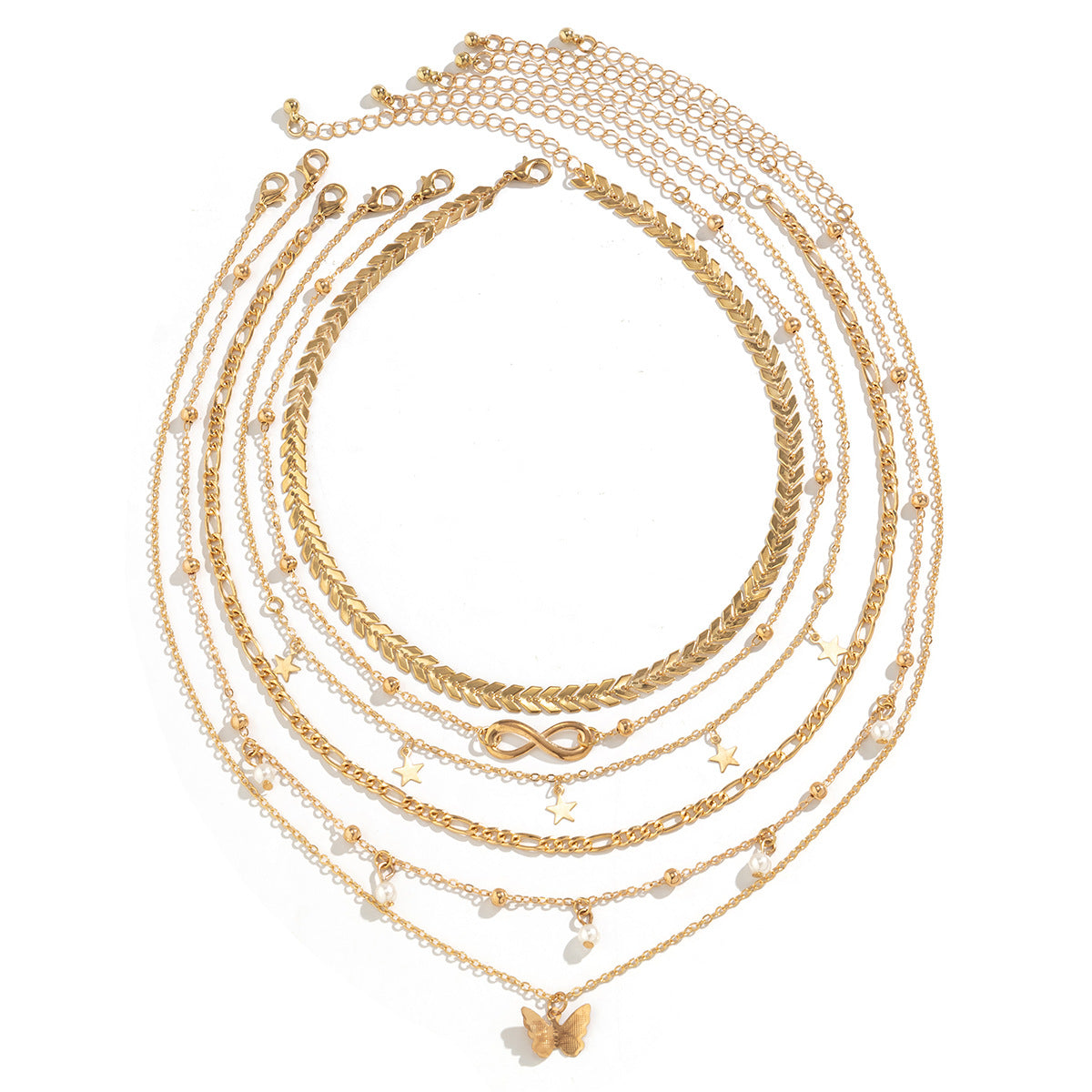 Boho Butterfly Pendant Necklace Set with Heart Star Geometric Charms Alloy Chain Tassel Detail