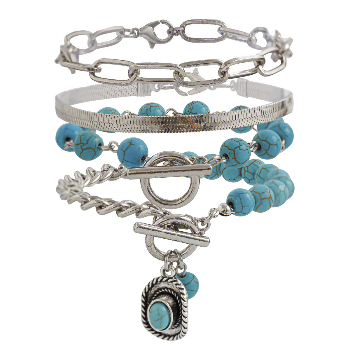 Set di braccialetti vintage bohémien geometrici in lega con catena a serpente, nappe e design asimmetrico