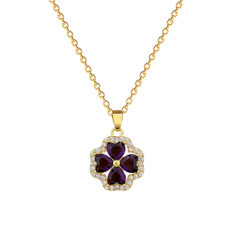 Sweet Minimalist Geometric Rhinestone Clover Pendant Titanium Steel Necklace for Unisex