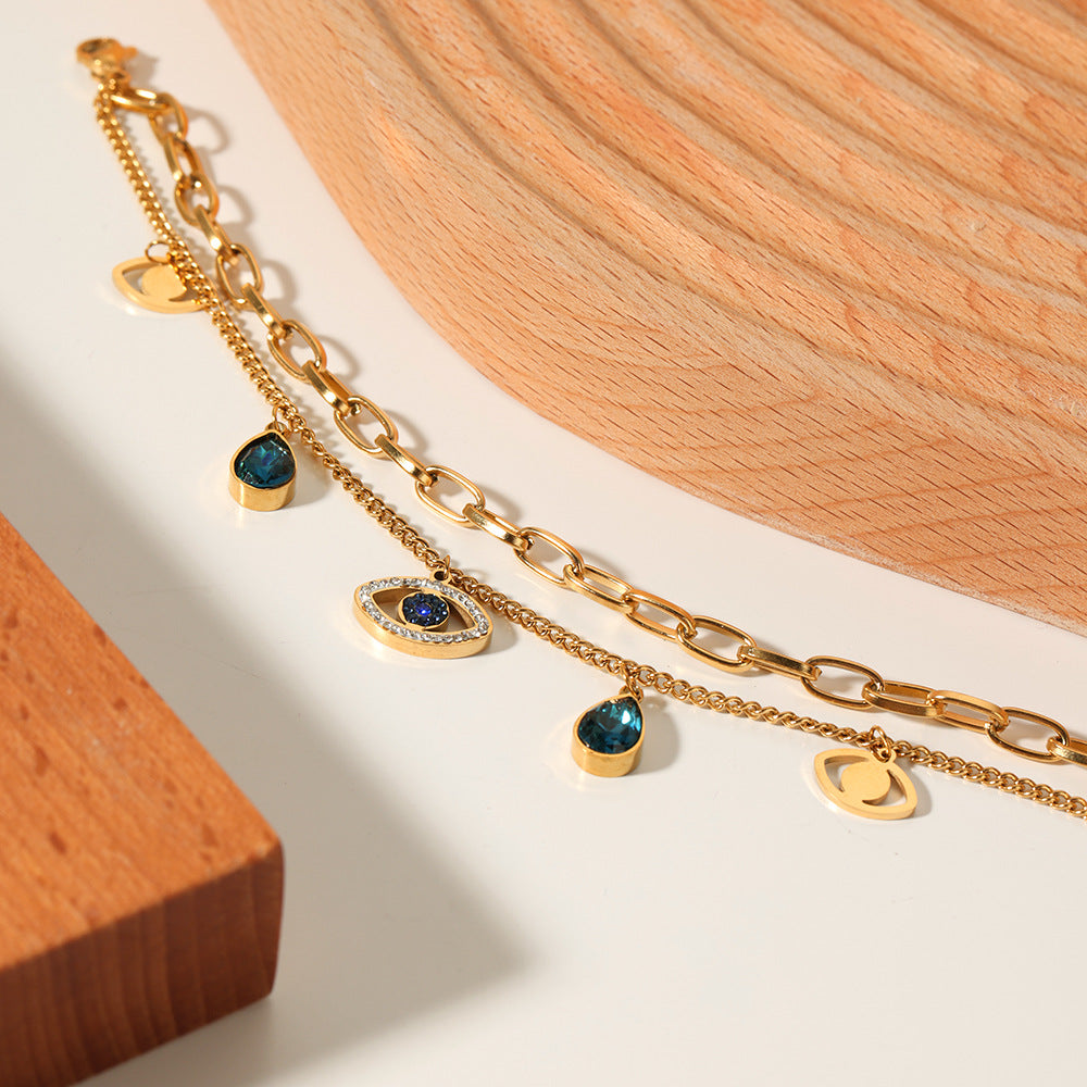 Geometric Evil Eye Double Layer Bracelet for Women and Men in Stainless Steel with 18K Vacuum Plating and Zircon Inlay