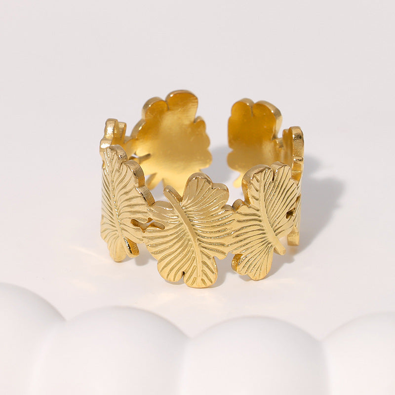 Fashion Leaf Shaped Plated Stainless Steel Ring for Women