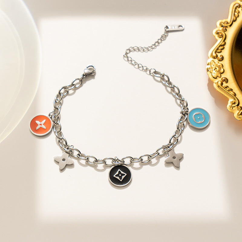 Luxury Four-Leaf Clover Titanium Steel Bracelet with Enamel Finish for Women