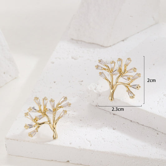 Minimalist Tree of Life Stud Earrings in Gold-Plated Copper with Micro-Pave Zirconia Floral Accents
