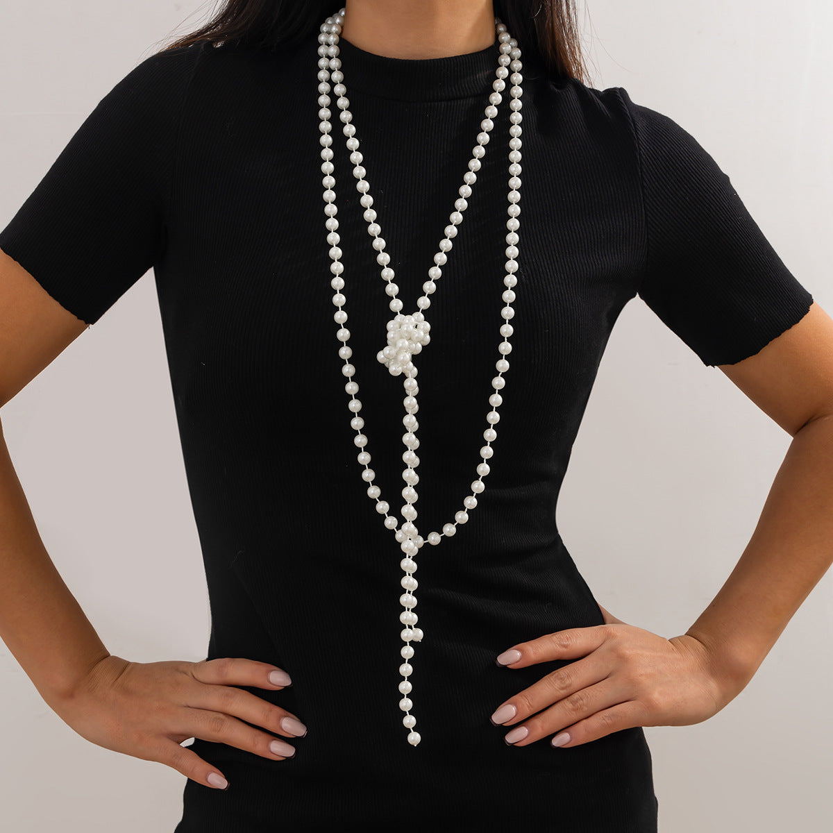 Layered Long Sweater Necklace for Women with Imitation Pearl Beads Geometric Pendant Tassel Detail Handmade Knotting Design