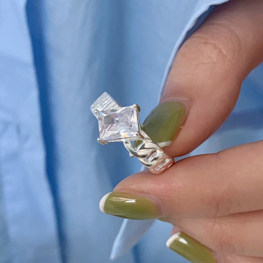 Anello a catena in argento sterling 925 con zirconi cubici intarsiati, minimalista e grazioso, da donna