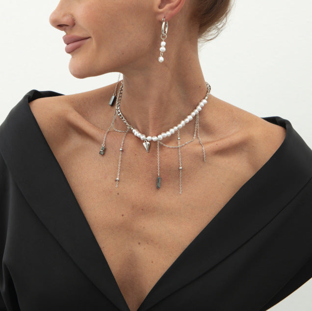 Minimalist Heart Alloy Pendant Necklace with Turquoise and Pearl Beads Plated Chain for Women
