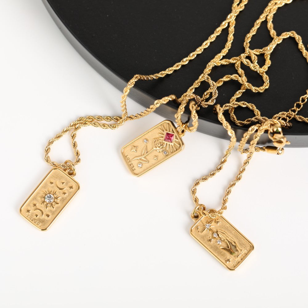 Minimalist Geometric Rectangular Sun God Floral Pendant Necklace in Titanium Steel with Rhinestone Inlay and Plated Finish