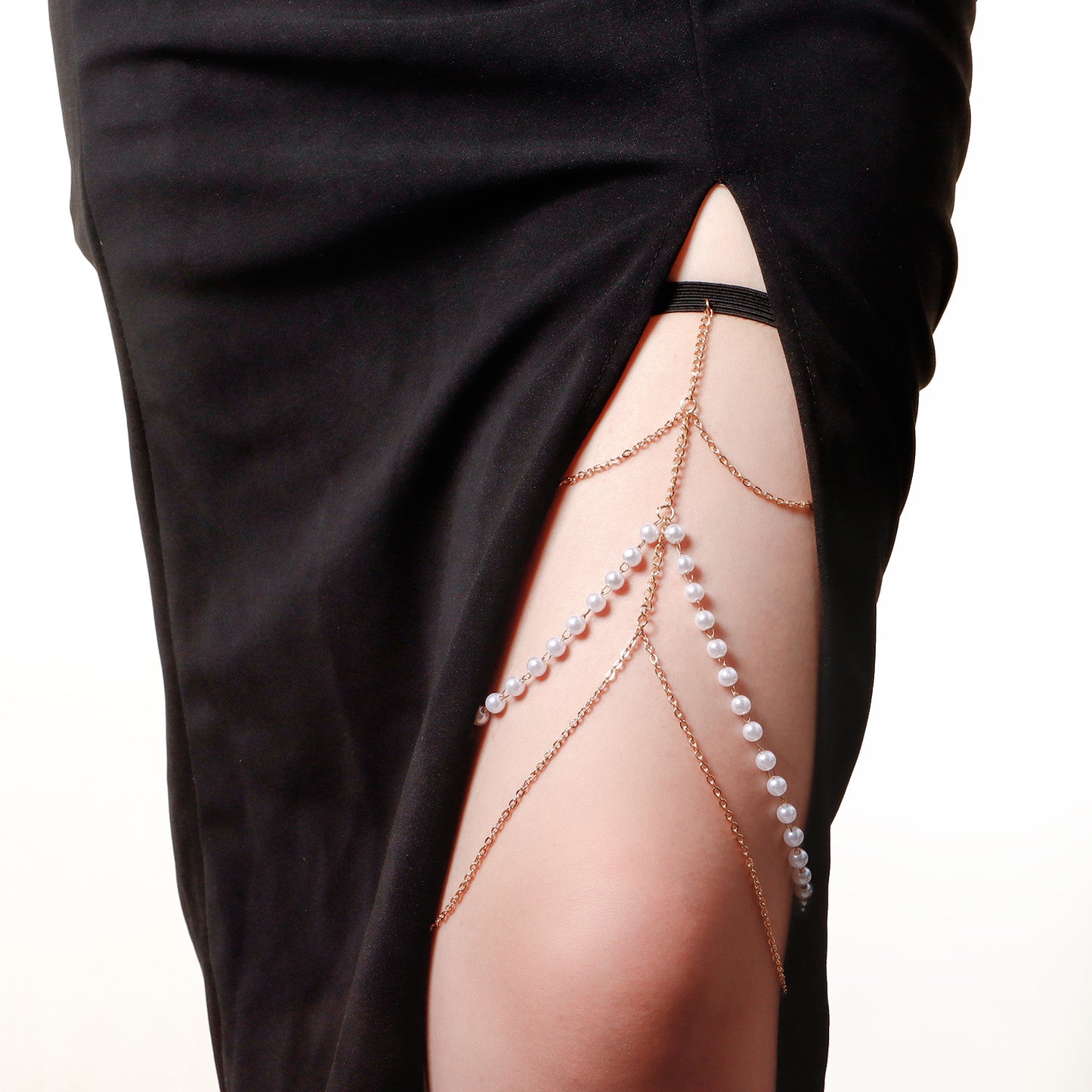 Geometric Alloy Anklet for Women with White Simulated Pearl Accents Long Body Chain Fashion Anklet