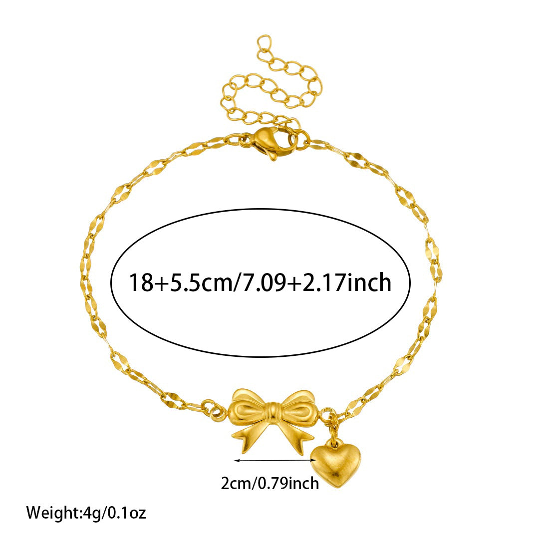 Gold Plated Stainless Steel Heart and Bow Bracelet for Women
