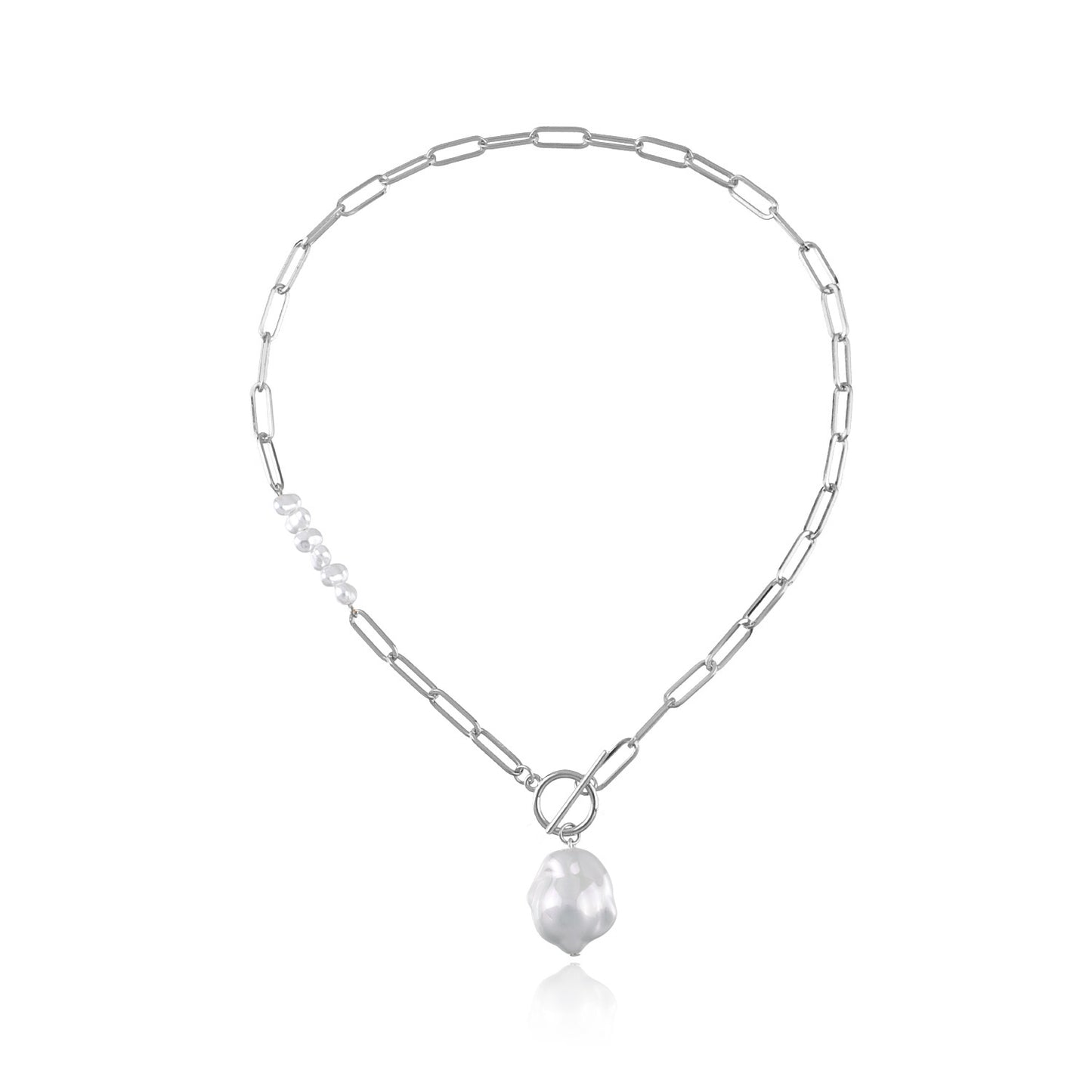Geometric Circle Asymmetrical Mother of Pearl Pendant Necklace for Women Alloy Curb Chain