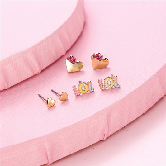 Cartoon Heart-Shaped Alloy Stud Earrings for Girls with Enamel Finish Floral Design Sweet Princess Style