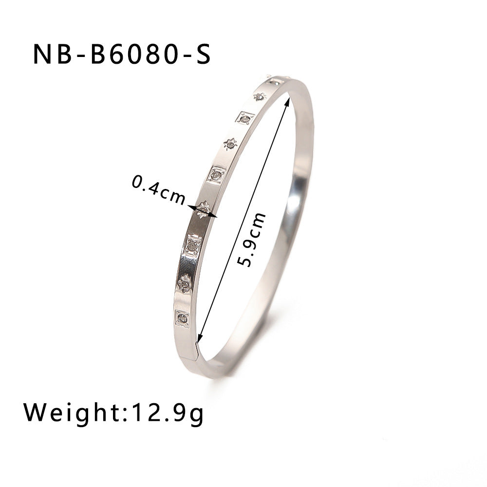 Vintage French-Inspired Geometric Cuff Bracelet in Stainless Steel with 18K Gold Plating and Zircon Inlays Waterproof Hypoallergenic