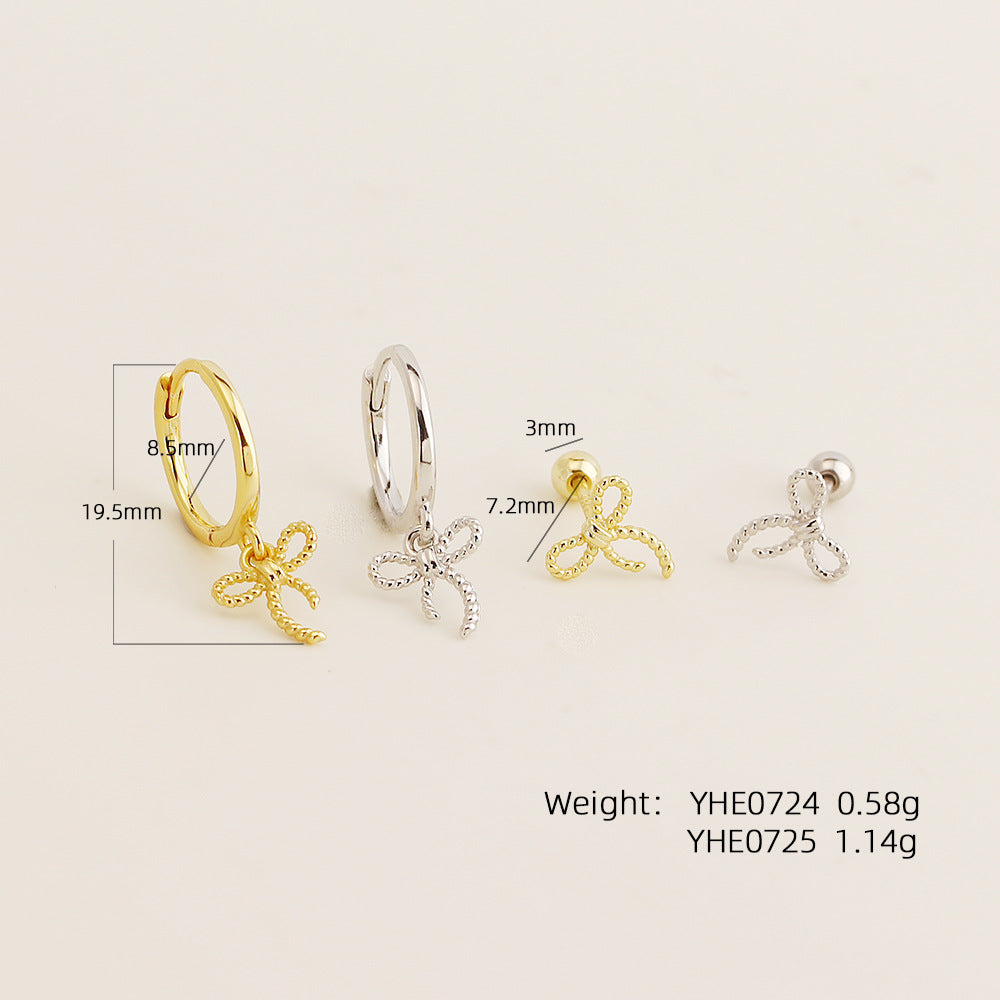 Sweet Minimalist Bow Plated 925 Sterling Silver Screw-Back Hoop Earrings for Women
