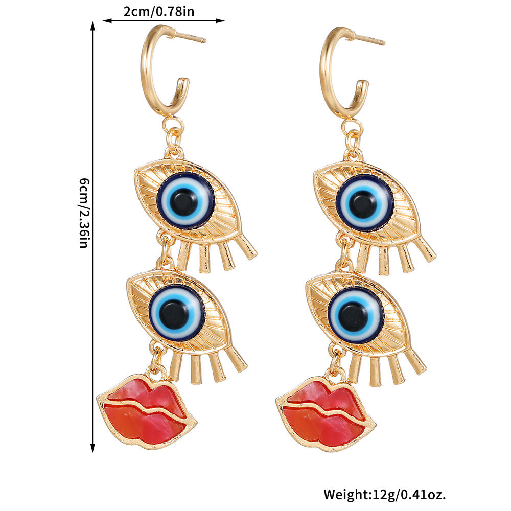 Geometric Round Drip Oil Alloy Earrings with Lips and Evil Eye Design