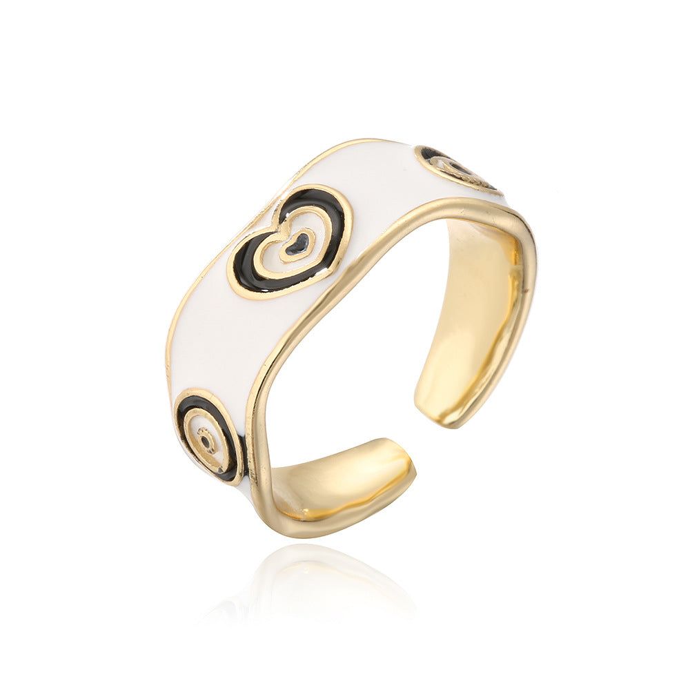 Minimalist Geometric Copper Ring with 18K Gold Plating and Enamel Heart-Eye Pattern