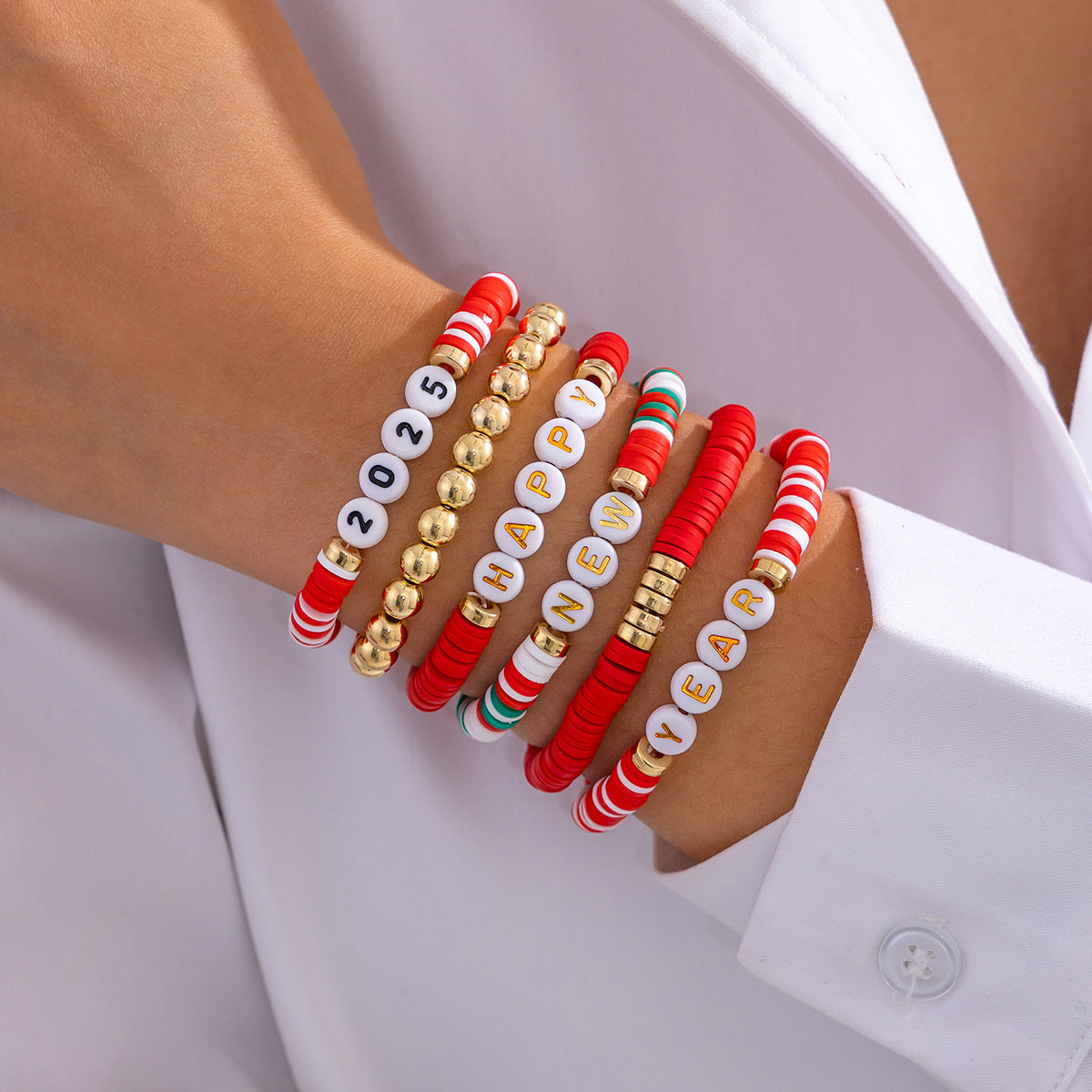 Braccialetti elasticizzati geometrici in stile vacanza con lettere e perline per donne, set di braccialetti fatti a mano in argilla polimerica con perline colorate in argilla morbida