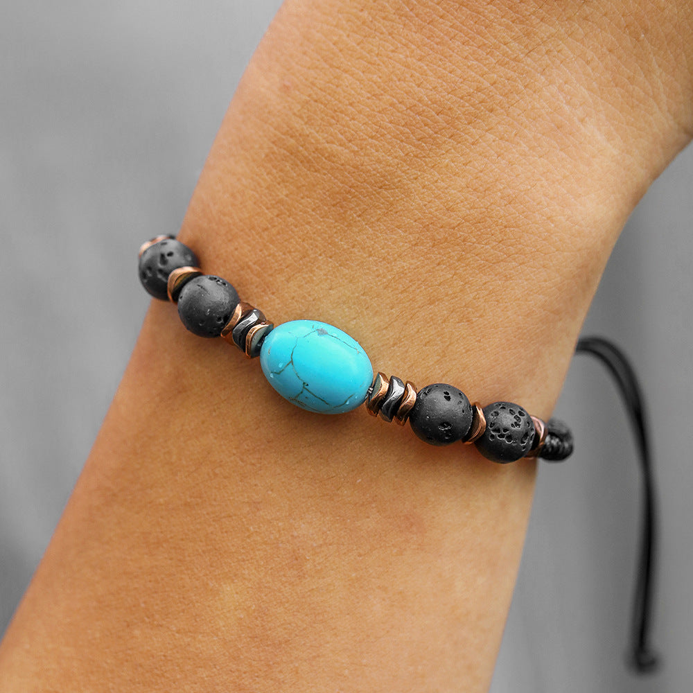 Vintage Geometric Round Hematite Turquoise Handmade Bracelet Unisex Adjustable