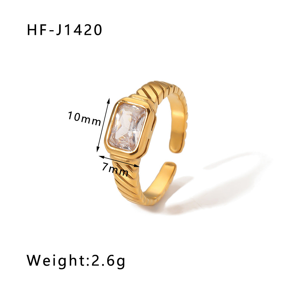 Anello Minimalista Quadrato con Zirconia Bianca in Acciaio Inox e Placcatura in Oro 18K, Fascia Geometrica alla Moda