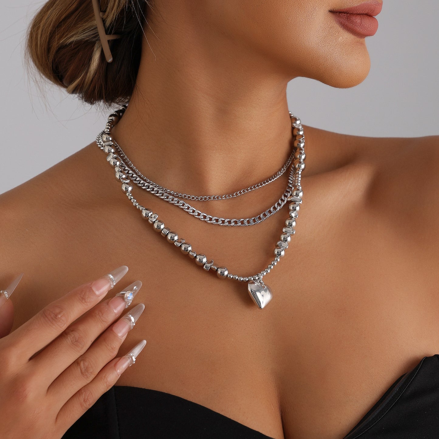 Minimalist Sweet Heart Geometric Alloy Plated Pendant Necklace for Women Layered CCB Beaded Choker