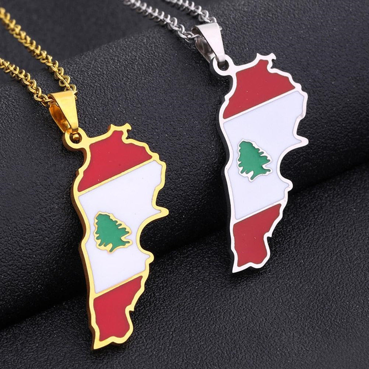 Minimalist Geometric Lebanon Map and Flag Pendant Necklace in Titanium Steel with Enamel Finish for Unisex