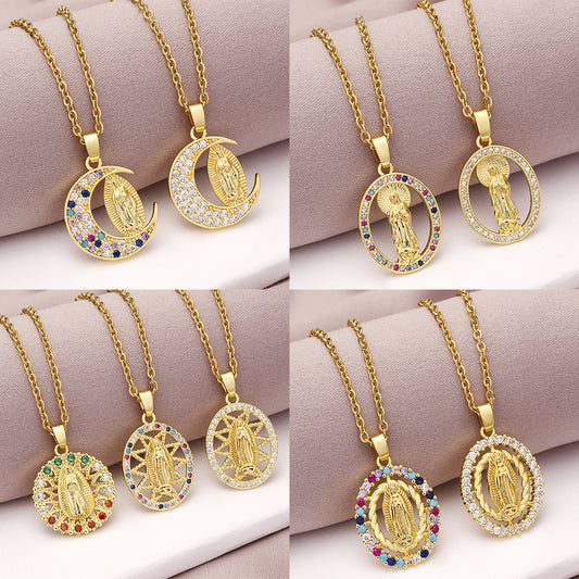 Fashionable Geometric Virgin Mary Pendant Necklace for Women with Cubic Zirconia Inlay and Gold Plated Copper Chain